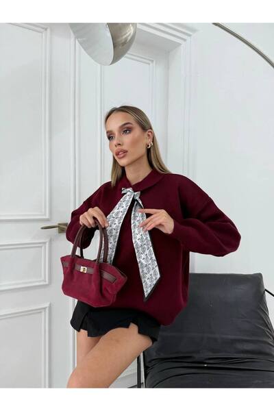 NET Boutique Pulover tricotat cu guler polo și eșarfă pentru femei