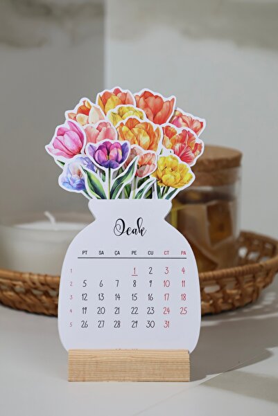 Hume Craft 2026 Çiçekli Laleli Takvim Özel Tasarım Masa Takvimi Vazodaki Çiçe...