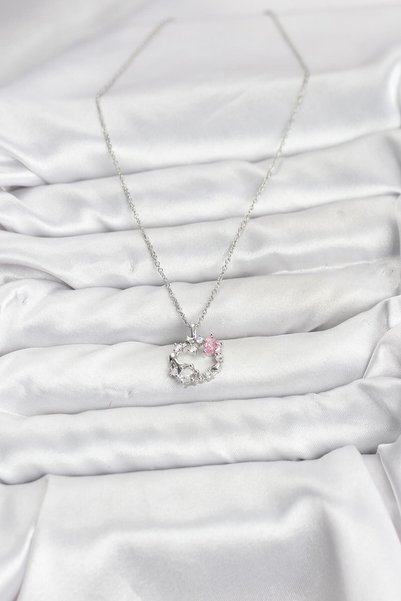 ForWhat Pink Stone Garland Women's Necklace with Silver Steel Chain for Elega...