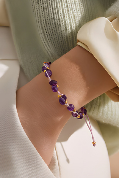 NBS Beautiful Naturel Stones Ametist Doğal Taş Kadın Örme El İşçiliği Bileklik