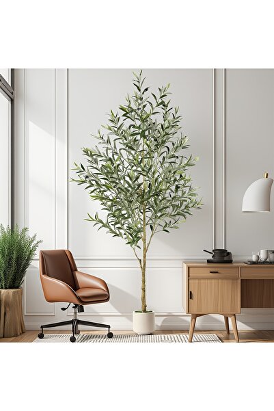 SCHENKERO شجرة زيتون صناعية بطول 212 سم، جذع واقعي، ثمار صناعية، وعاء أبيض، د...