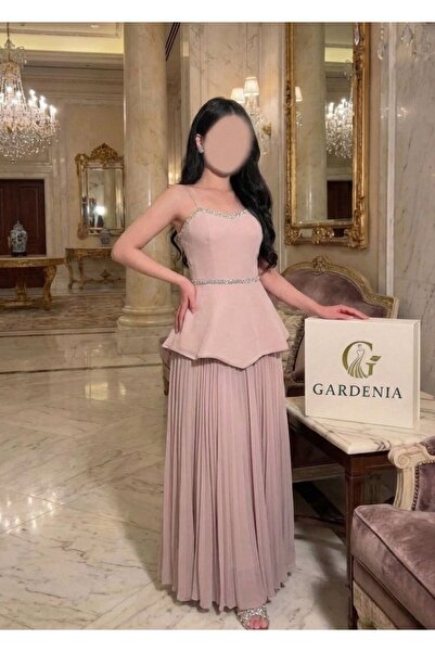 Gardenia Fashion Pink Evening Dress with Pleats and Crystal Details