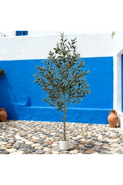 SCHENKERO شجرة زيتون صناعية بطول 212 سم، جذع خشبي، ثمار صناعية، وعاء أبيض، دي...