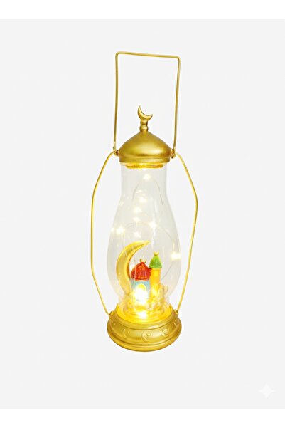 Saudi Arabia Golden Crescent Moon Lantern Glass shape with Miniature Mosque w...