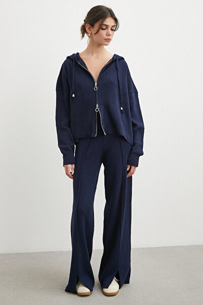 Never more Double Zipper Hooded Pants Suit Navy Blue
