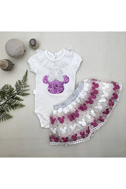 Miravm 1-2-3 Yaş Payetli Mickey Nakışlı Kısa Kollu Brode Etekli 2li Kız Bebek...