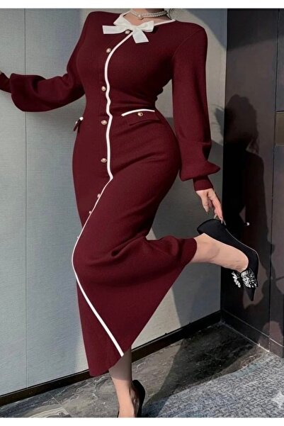 Butik Kadın triko fiyonk ve düğme detaylı şık elbise(S,M uyumlu dar kalıp )