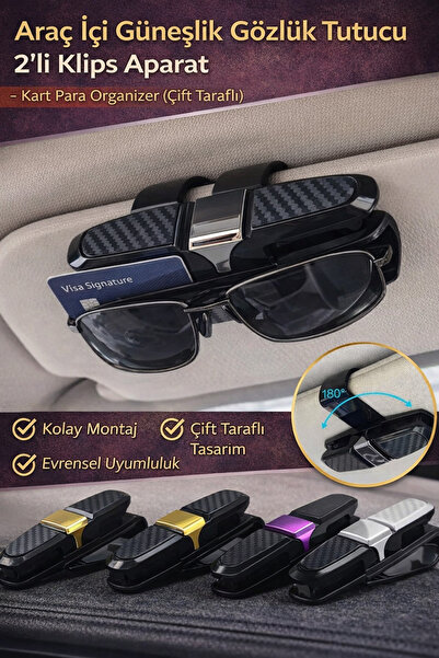 Hane Dostu Araç İçi Güneşlik Gözlük Tutucu 2’li Klips Aparat – Kart & Para Or...