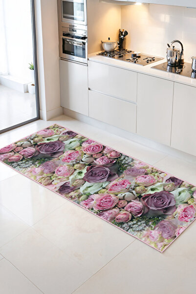 Home Pembe Gül ve Yüzey Motifli Çiçek Detaylı Modern Mutfak Halısı