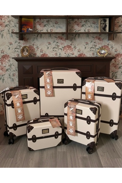 AMENTA Classic 5-piece travel bag set, beige color with brown stripes, sizes ...