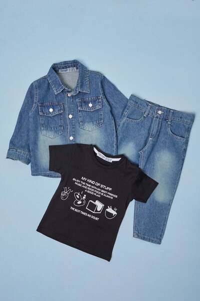 Fulla Moda Σετ τζιν 3 τεμαχίων για αγόρια με γιακά πόλο και κουμπιά