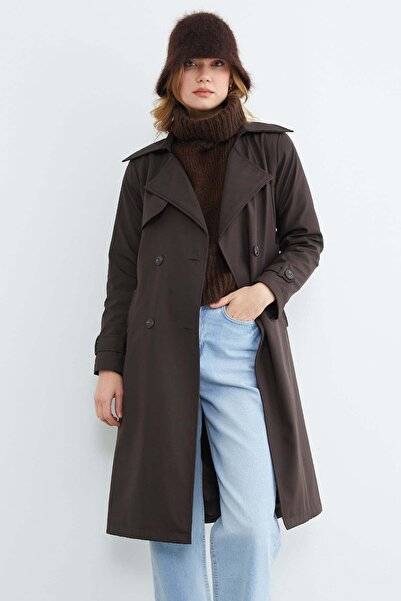 Fulla Moda Belted Double-Breasted Collared Long Trench Coat