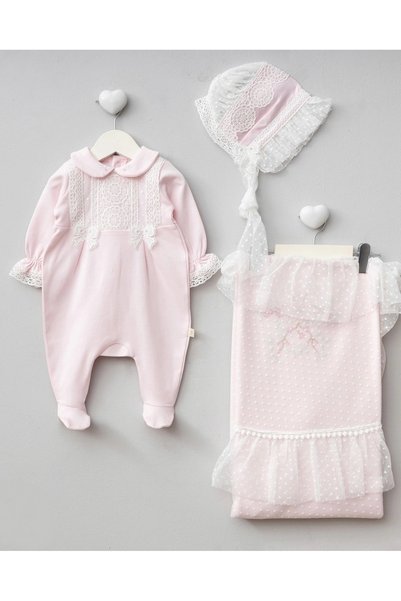 Mert Baby Angela 3-Piece Hat Lace Detail Organic Hospital Discharge Set 100% Cotton Newborn Baby Girl