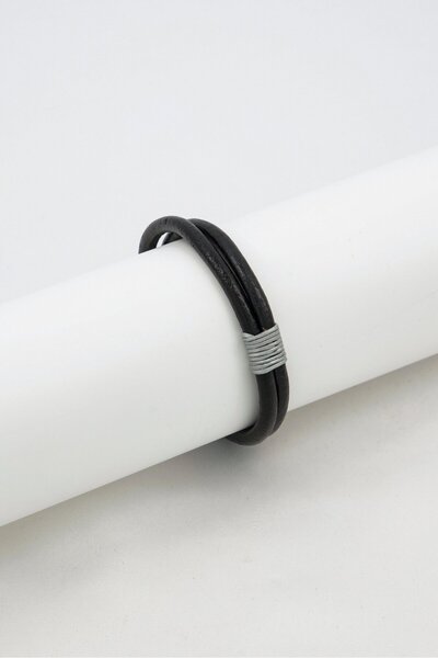 Steeltime Men Leather Bracelet With Stainless Steel Magnetic Clasp, Black