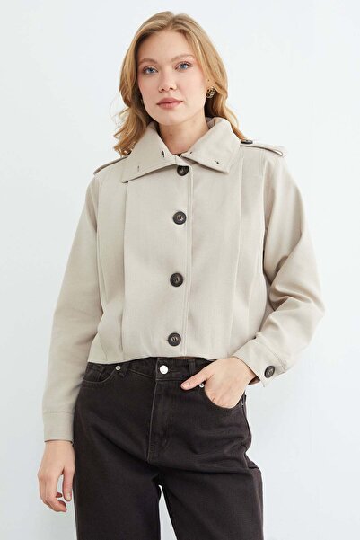 Fulla Moda Buttoned Shirt Collar Pleated Trench Coat
