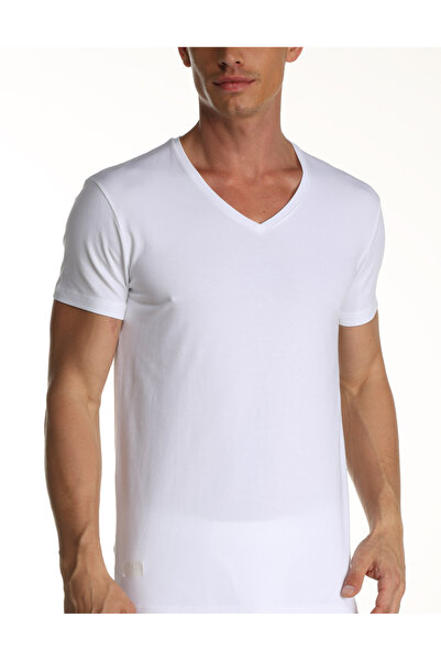Çift Kaplan Erkek Elastanlı V Yaka Beyaz T-shirt 0956 3'lü Paket