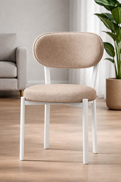 Renlife Beyaz Metal Ayaklı Mutfak Sandalyesi Teddy Silinebilir Kumaş,Modern T...