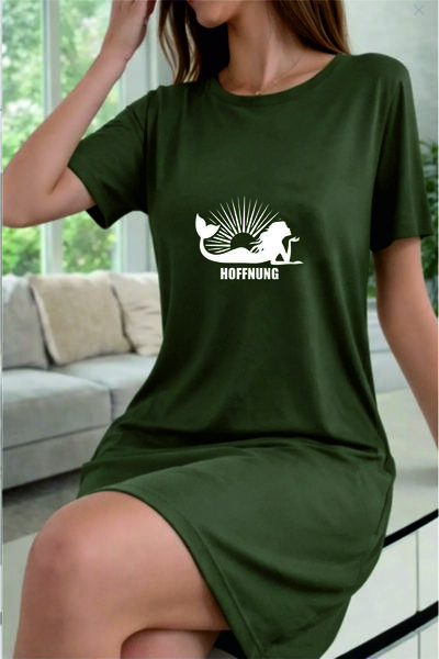 HOFFNUNG Women's Short Sleeve Round Neck Mermaid Printed Solid Color Long Dress