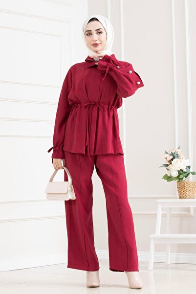 Sevitli Tunnel Detailed Sleeve Buttoned Double Hijab Set-Red