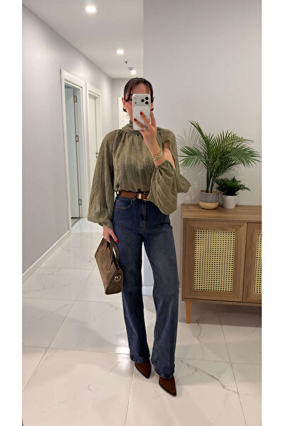BİRCANÇİL Zored Navy Blue Belted Wide Leg Jeans