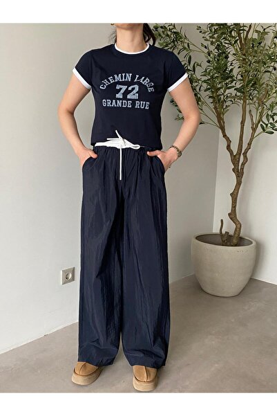 Bade Butik Navy Blue Text Detailed Soft Double Set