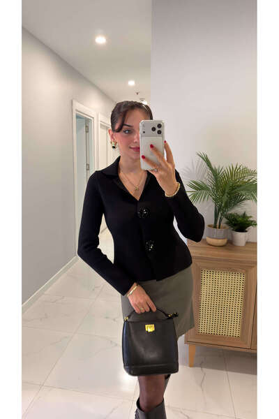 BİRCANÇİL Pertana Black Floral Buttoned Jacket Knitwear