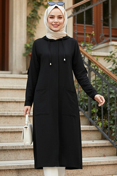 N.S NEVA STYLE Kapşonlu Siyah Tesettür Kap 18461S