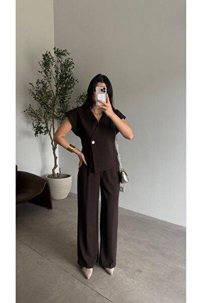 Bade Butik Set de pantaloni și vestă maro cu un singur nasture