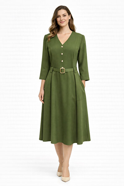 codemark V-Neck Midi Dress with Belt Detail and Pocket Appearance
