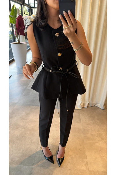 My Blog Black Belted Buttoned Vest - 9682