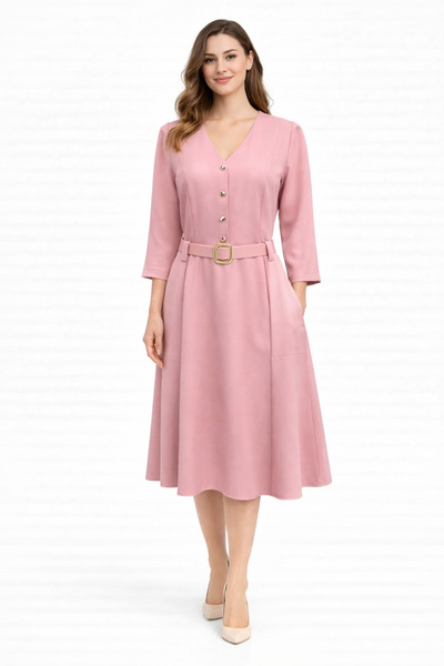 codemark V-Neck Midi Dress with Belt Detail and Pocket Appearance