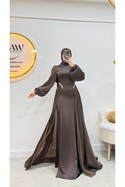 waw tesettür Saten Taş İşlemeli Tesettür Abiye Elbise