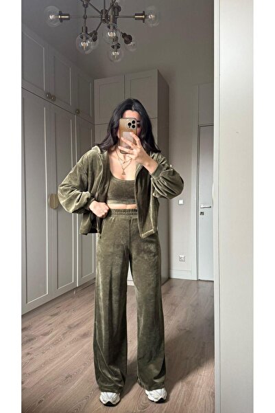 Bade Butik Khaki Velvet Three-Piece Set