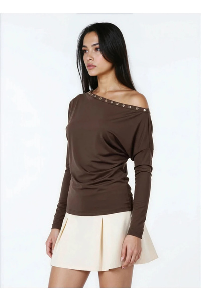 Buklemoda Women's Boat Neck Bat Sleeve Collar Trocked Lycra Combed Cotton Blouse