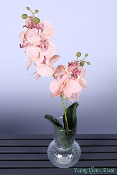 Yapay Çiçek Sitesi Yapay Yapraklı 2 Dal Islak Orkide Çiçeği Somon 55 Cm