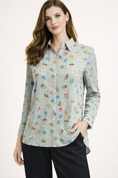 Nuevo Γυναικείο πουκάμισο με πράσινο ριγέ σχέδιο βιβλίου, μακρυμάνικο, με κου...