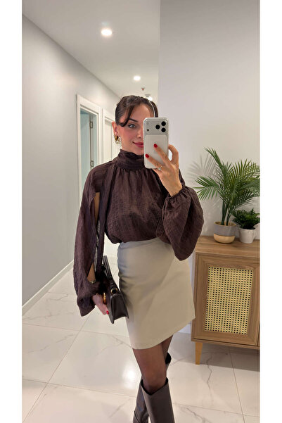 BİRCANÇİL Bluză Agena maro cu mâneci balon și legătură la gât