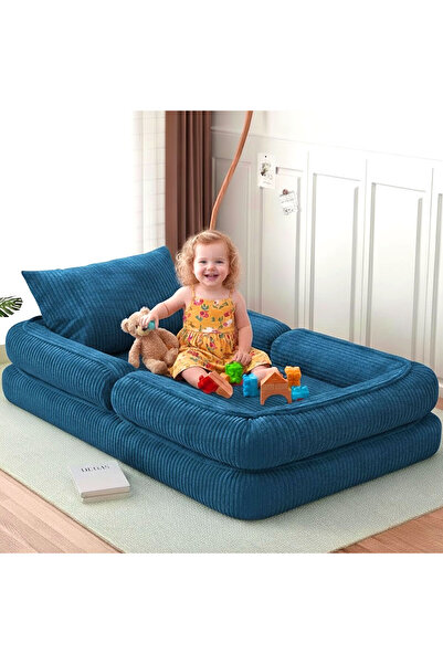 foamly Trend Mavi Fitilli Kadife Modüler Çocuk Oyun Minderi Ve Yatağı Tamamen...