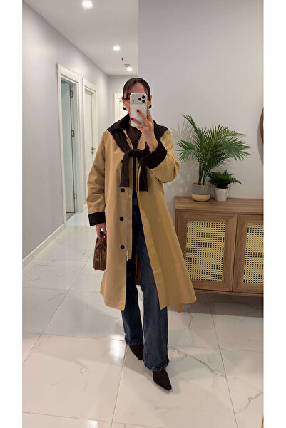 BİRCANÇİL Jansna Camel Velvet Collar Trench Coat