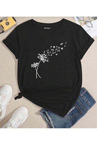 ALCİNOUS Cotton Black Skirt Oval Printed Crew Neck T-Shirt