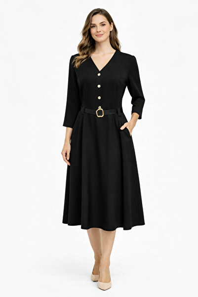 codemark V-Neck Midi Dress with Belt Detail and Pocket Appearance
