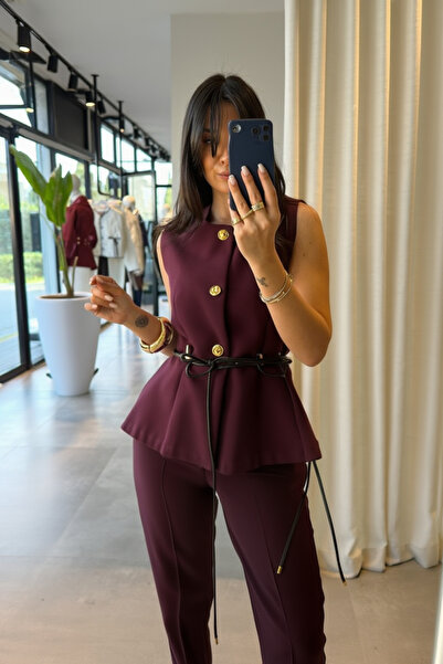 My Blog Plum Belted Buttoned Vest - 9682