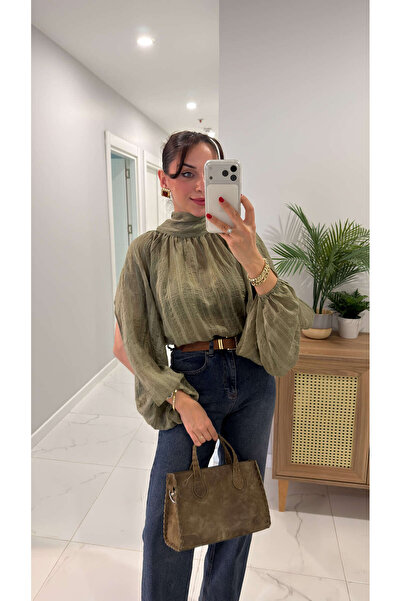 BİRCANÇİL Bluză Agena kaki cu guler legat și mâneci bufante