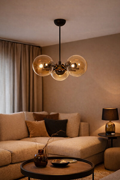 Modavize Mihri Modern Tasarım Salon Yemek Odası Mutfak Siyah Renk Bal Camlı S...