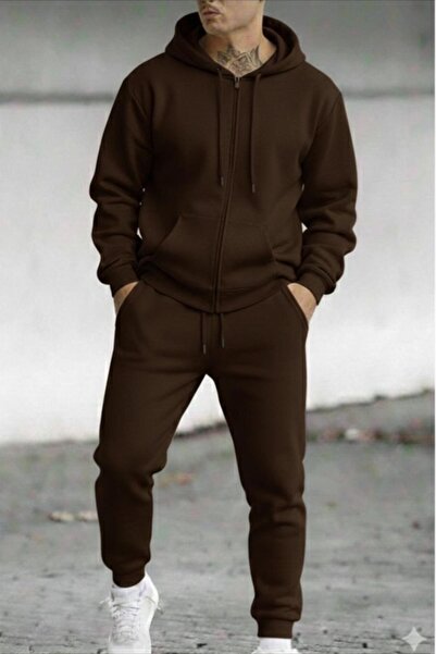 NO 601 Men's Brown Full Zip Hooded Cardigan Brown Sweatpants Set