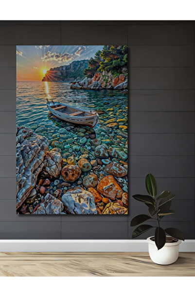 Teona Ahşap Gün Batımı Tekne Manzaralı Yağlı Boya Görünümlü Ahşap Dekoratif T...