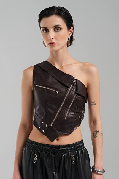 tw3 Kadın Deri Tek Omuzlu Fermuar Detaylı Tasarım Crop Bluz