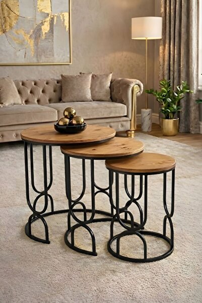 ARS Home Zigon Sehpa, 3lü Sehpa, Metal Ayaklı Sehpa, Ahşap Sehpa Modern Sehpa...