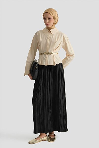 Armine Kırışık Efektli Saten Etek Siyah