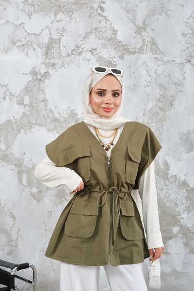 LOCCO Women's Cord Detailed Gabardine Waist Tied Vest Khaki Green